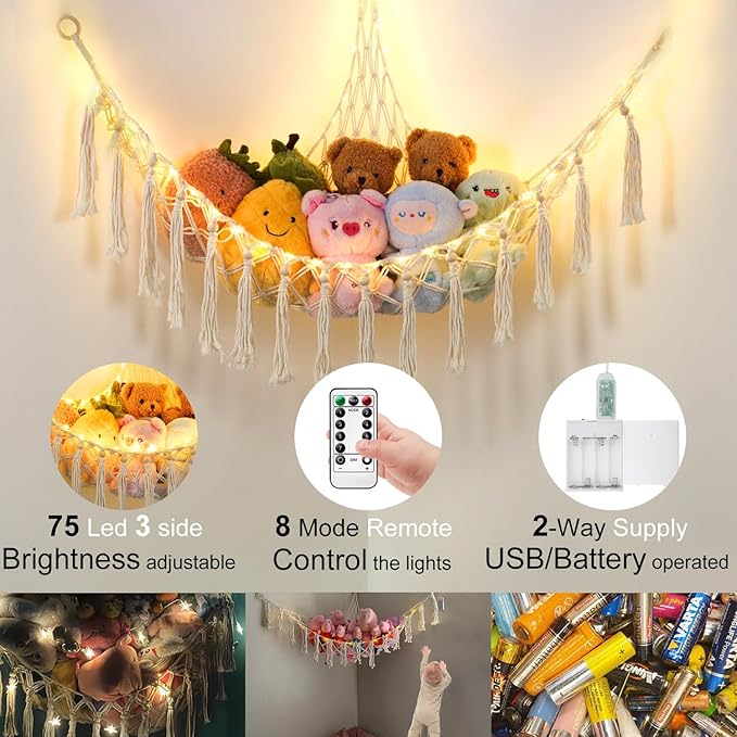 Stuffed Animal Hammock with 75LEDs, Extra Large 55in Toy Storage Macrame Hammock, Hanging Toy Net for Kids Bedroom Doll Room Corner Organizer, USB Plush Toy Hammock with Remote(XL)