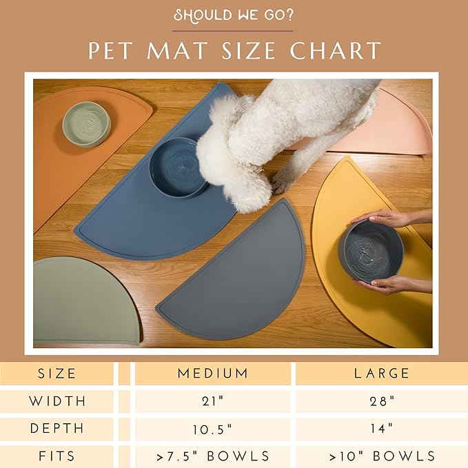 Should We Go? - Waterproof Silicone Pet Food Mat - Non-Slip Spill-Proof Feeding Mats for Floors, Raised Edge Design, Easy-to-Clean Rubber Mat for Dog & Cat Bowls, 28" Across x 14" Deep, Large-Charcoal
