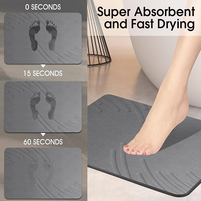 Stone Bath Mat Diatomaceous Earth Shower Mat Non-Slip Super Absorbent Diatomite Stone Mats for Bathroom Floor/Ktichen Cuonter Quick-Drying Easy to Clean (24''*16'' Grey-Feather)
