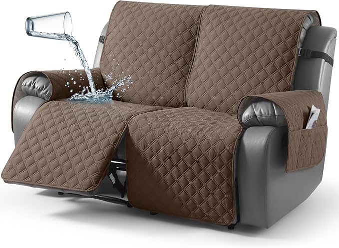 TAOCOCO 100% Waterproof Recliner Couch Covers, Recliner Sofa Covers with Leg Straps, 1-Piece Washable Reclining Sofa Cover with Pocket Couch Protector for Pets Kids(2 Seater, Brown)