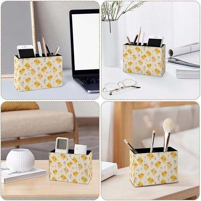 Famame Cute Yellow Chicks Leaves Pencil Holder for Desk, Leather Desktop Container Pen Cup Storage Study Table Pen Organizer Makeup Brush Holder for Classroom Office Home