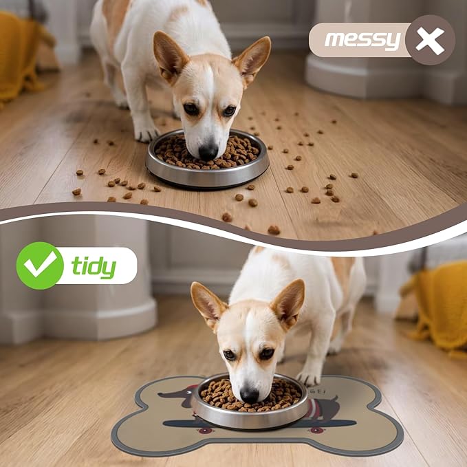 Le couranT Feeding Plastic Placemat for Food and Water Bowl, Absorbent-No Stains Quick Dry Dog Water Bowl Dispenser with Waterproof-Anti-Slip Backing Pet for Messy Drinkers, Lovely Dachshund-12x19 in