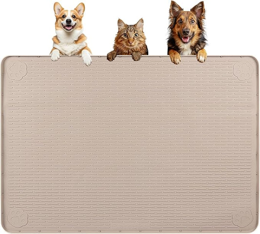 Bartuke Dog Food Mat, Extra Large 40" x 28" Silicone Pet Feeding Mat for Small, Medium, and Large Pets Non-Slip, Easy to Clean, Khaki