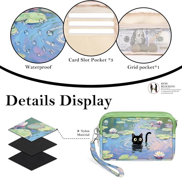 BIAOTIE Wristlet Purses for Women, Nylon Small Crossbody Bags with Adjustable Strap 3 Zipper Wristlet Wallet Phone Organizer