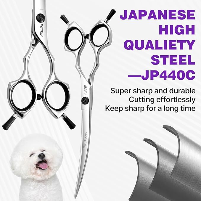 Curved Dog Grooming Scissors 7 in Curve Shears for Pet Dogs Pomeranian Cat Japan 440C 30°Arc Upward & Downward for Trimming Face and Paws at Home(7, Curved)