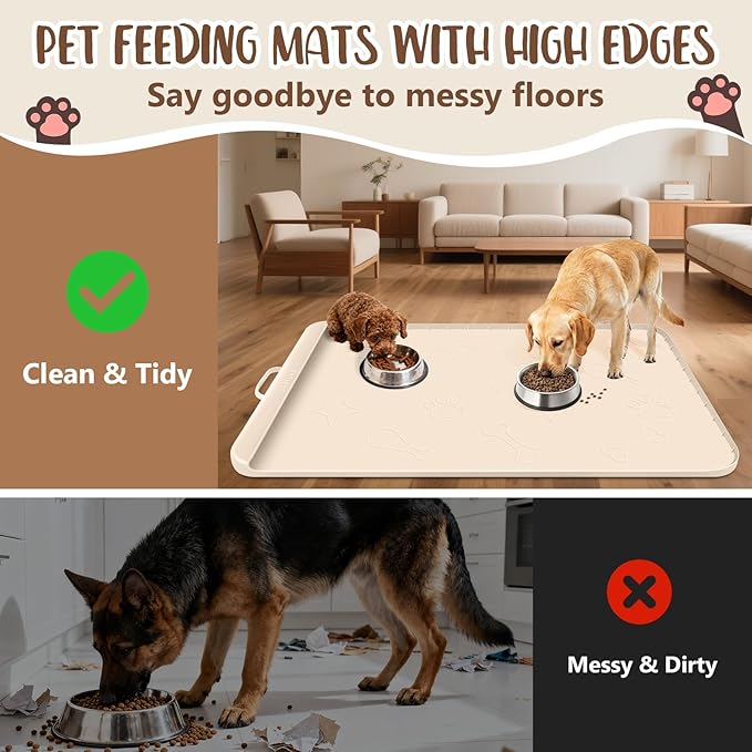 Dog Food Mat with Collection Pocket, 42''x28'' Extra Large Silicone Pet Feeding Mat for Food and Water, Waterproof Anti-Slip Dog Mat with Edge and Handle, Pet Placement for Floor (Beige)