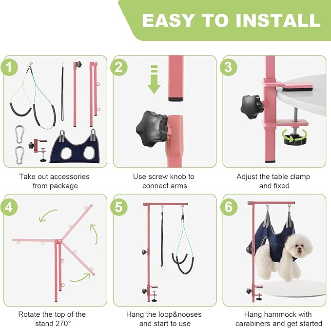 Home Dog Grooming Table Arm with Hammock 35" Height Adjustable Dog Grooming Arm with Clamp No-Sit Haunch Holders Durable Pink(Grooming Table Not Included)