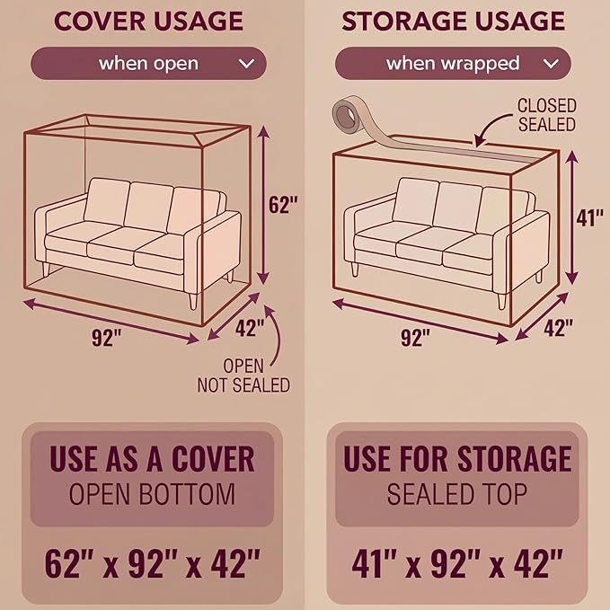 Wowfit Furniture Cover Dust-Proof Moving Bag for Sofa & Boxes – Clear, Odorless Plastic – 4mil Thick – 92W x 42D x 62/41H Inches
