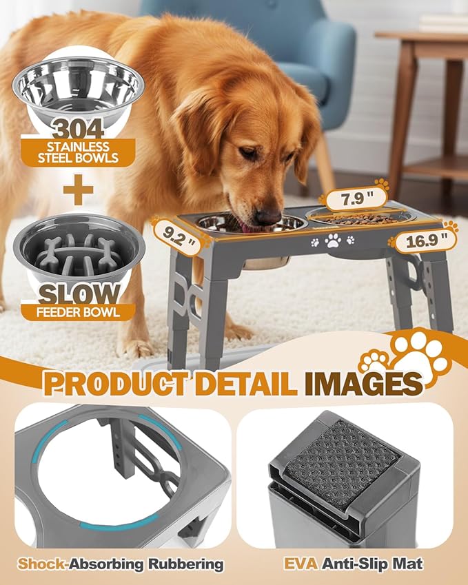 Jovrun Elevated Dog Bowls, Dog Feeder with Stainless Steel Dishes & Slow Feeder Bowl, 5 Heights Adjustable Raised Stand for Medium Large, Food Dishes with Non-Slip Feet