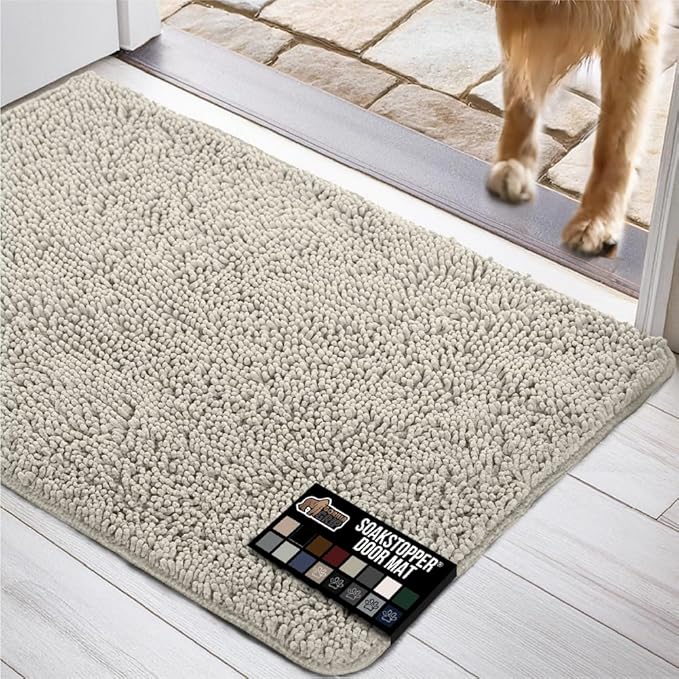 GORILLA GRIP SOAKSTOPPER Dog Door Mat, 30x20 Machine Washable Rug Absorbent Doormat Captures Moisture Mud Dirt, Quick Dry Soft Chenille Entryway Rugs Indoor Entrance Mats for Dog Paws, Cream