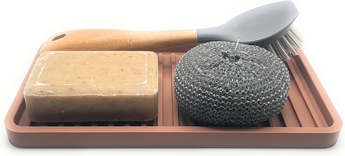 Happitasa Silicone Kitchen Sink Organizer Tray, Sponge Holder and Countertop Protector | Bathroom and Kitchen Soap Dish and Dispenser Tray (Mocha, 10"x5.25")