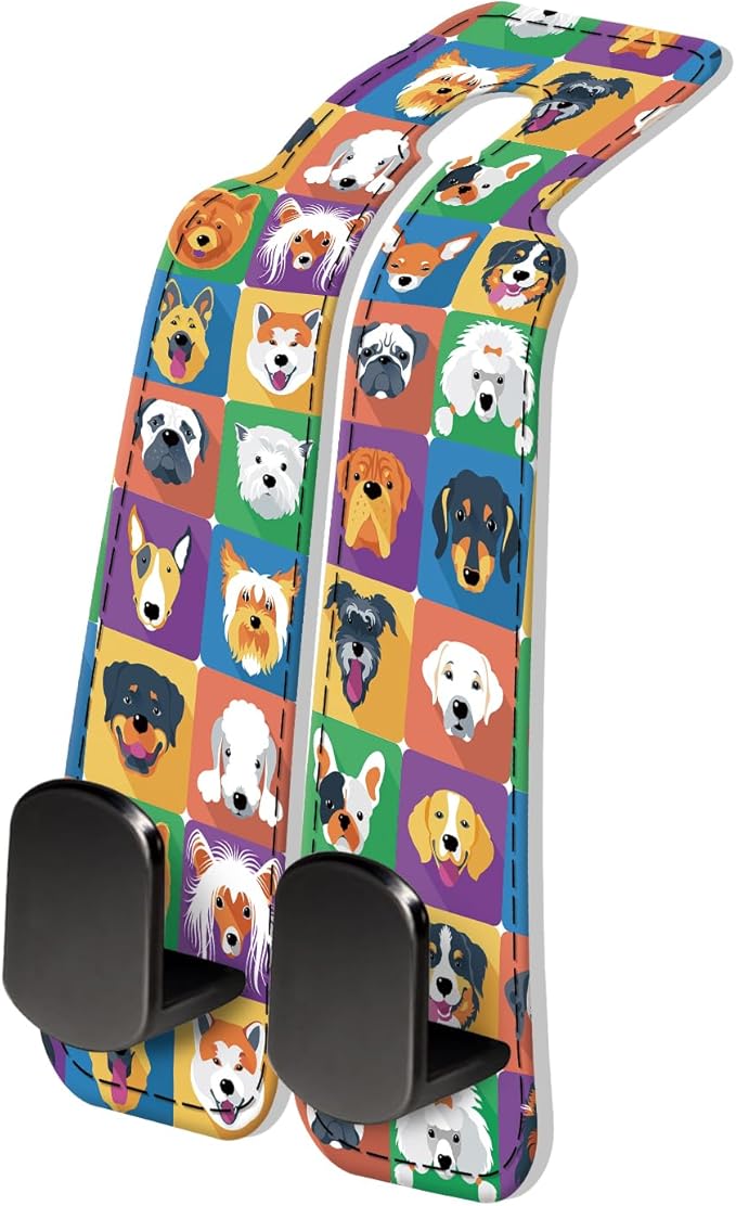 PU Leather Car Seat Hook, Storage Headrest Hanger, Cute Car Backseat Organizer, Car Hooks for Purses and Bags Colorful Dog Faces