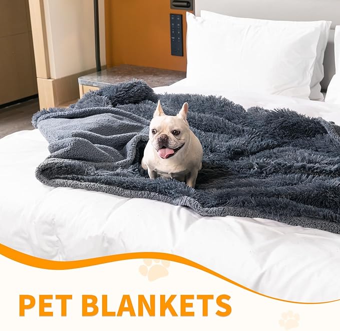 Wowchine Pet Throw Blankets for Dogs Gray Cozy Waterproof Fluffy Long Faux Fur Dog Cat Calming Blanket for Couch Sofa Cover Furniture Protection, Gray XS-28x20in