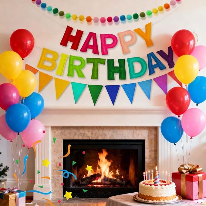 Pre-Strung 3D Happy Birthday Banner-Felt Happy Birthday Decorations Ball Garland Pennant Flag Reusable Rainbow Birthday Decorations Multicolor Rainbow Bunting String Triangle Flags Birthday Party Decor