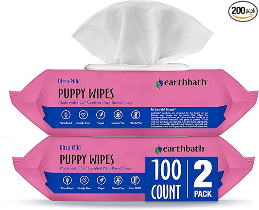 earthbath, Ultra-Mild Wild Cherry Puppy Wipes - Dog Wipes for Paws and Butt, Best Pet Wipes for Dogs & Puppies, Made in USA, Cruelty-Free Dog Cleaning Wipes - 100 Count (2 Pack)