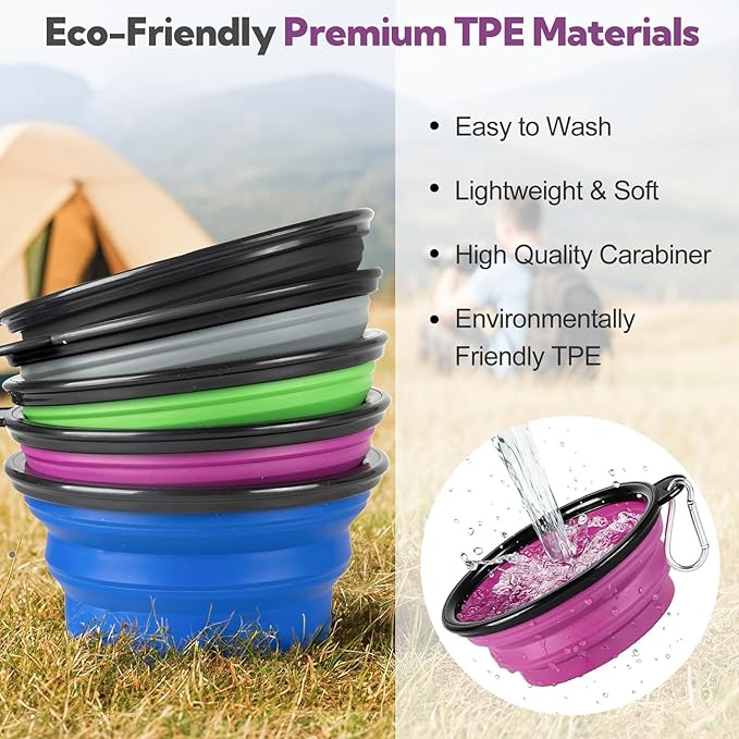 Collapsible Dog Bowl 2 Pack, Dog Water Bowls for Travels, Portable Foldable Pet Bowls Feeding Watering Dish for Parking Walking Camping with 2 Carabiners Clip (12oz, Small, Grey+Purple)