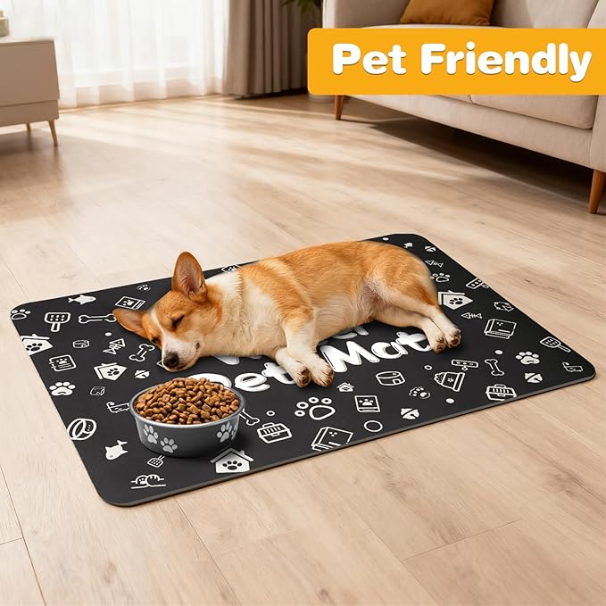 Pet Feeding Mat,Dog Cat Mat for Food and Water,Dog Bowl Waterproof Placemat with Rubber Backing,Absorbent Quick Dry Water Dispenser Mat for Pet（Black 17"×29"）