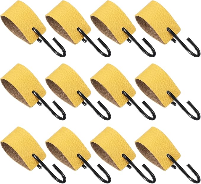 uxcell 12 Pcs PU Leather S Hooks, Multifunctional S Shaped Hooks for Hanging Coat Towel Camping Kitchen Bathroom Handle, Yellow