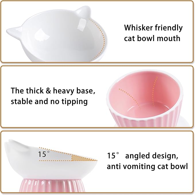 Wellbro Ceramic Raised Cat Bowl，Tilted Raised Bowl Anti Vomit for Indoor Cats Whisker Friendly Pet Feeder for Cats Puppies, Microwave and Dishwasher Safe (Blue)