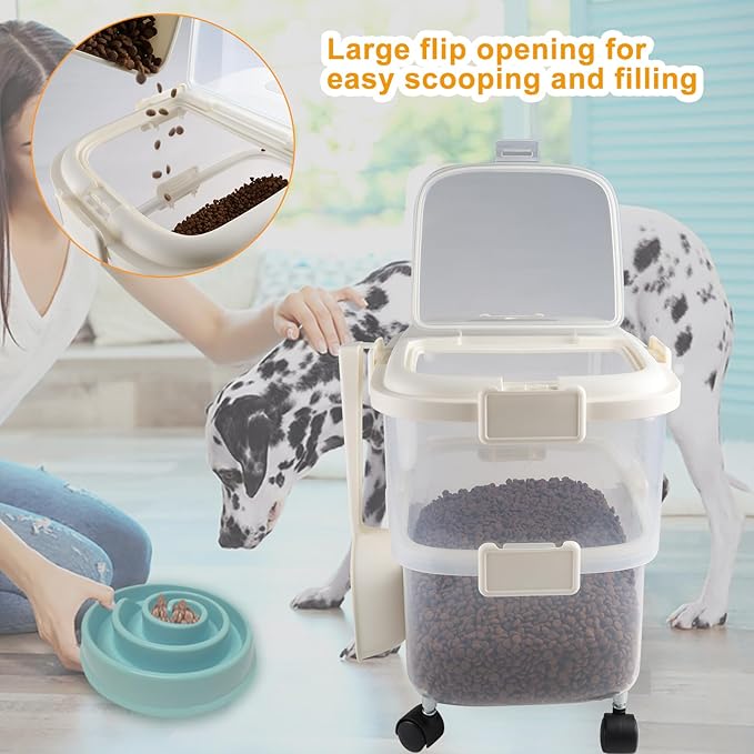 Rolling Dog Food Storage Container 20lb,Airtight Pet Food Container,Plastic Dog Food Bin with Pet Food Scoop,Dry Dog Cat Food Storage,Height Adjustable