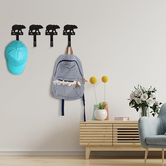 4 pcs Metal Bear Hooks Wall Mount Iron Black Decorative Wall Mounted Coat Hooks Cute Animal Key Hanger Decor for Dog Leashes, Towels, Hats