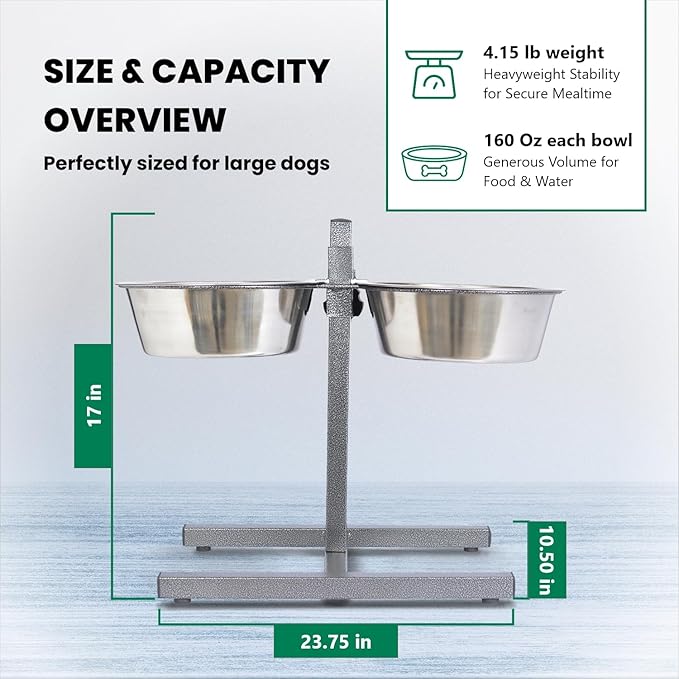 Iconic Pet Adjustable H-Design Double Diner - Non-Skid Rubber Base Noise Free Stable Dog Food Stand with 5 Quart/ 160 oz Stainless Steel Elevated Dog Food Bowls for Proper Growth & Digestion