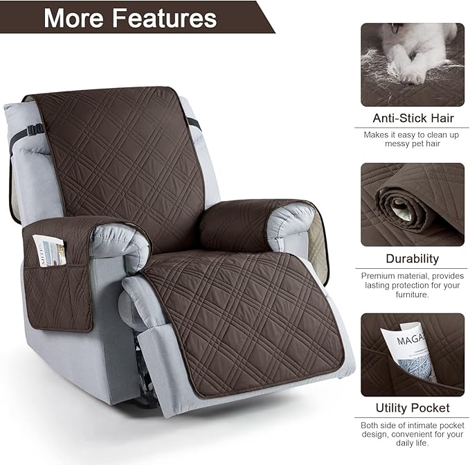 TAOCOCO 100% Waterproof Recliner Chair Cover, Small Recliner Covers for Recliner Chair with Pocket, Non Slip Reclining Chair Cover Furniture Protector for Kids, Pets(20'', Chocolate)