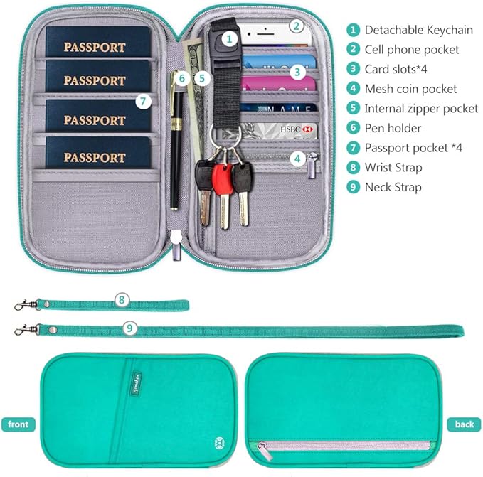 RFID Passport Wallet with Vaccine Card Slot, Family Travel Passport Holder Document Organizer Bag with Wrist & Neck Double Strap