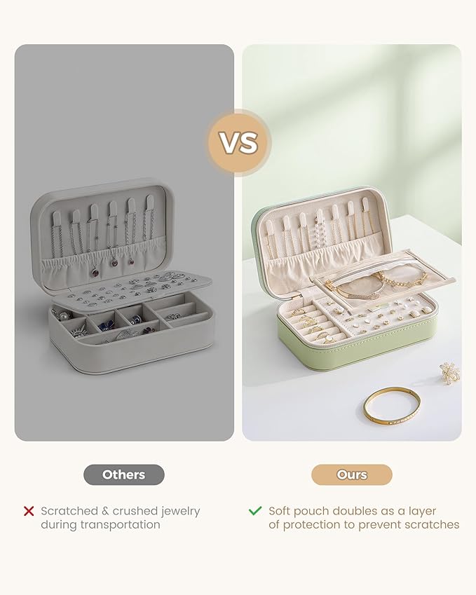Lolalet Travel Jewelry Case for Women Girls, Travel Jewelry Organizer with Clear Storage Bag Small Portable Jewelry Box for Necklace Bracelet Earring Ring Valentines Bridesmaid Gifts -Medium/Green
