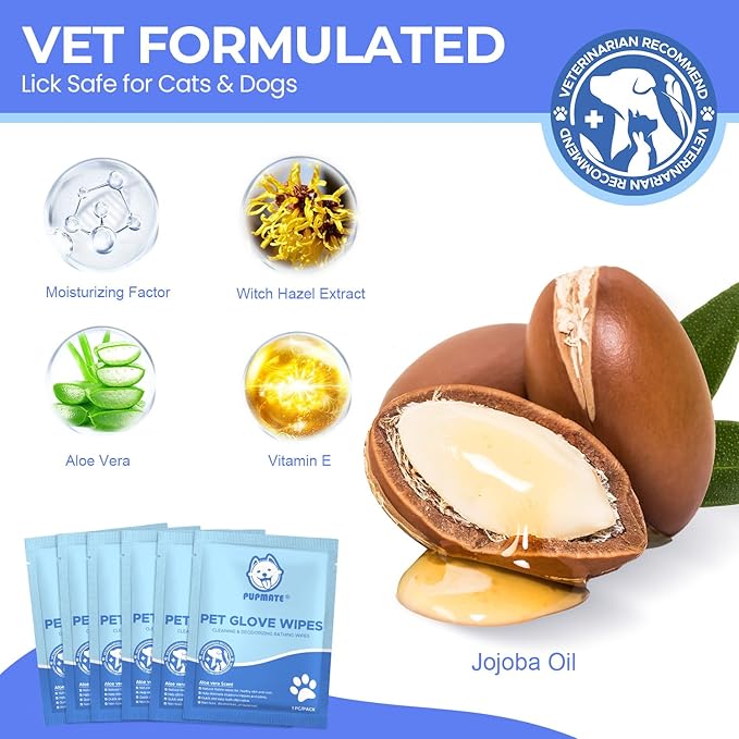 Pet Cleaning Glove Wipes for Dogs & Cats, Hypoallergenic Deodorizing Disposable No-Rinse Grooming Wipes, Extra Thick Bathing Wipes,Perfect for Pet Dry Cleaning,Daily Care and Travel,6 pcs