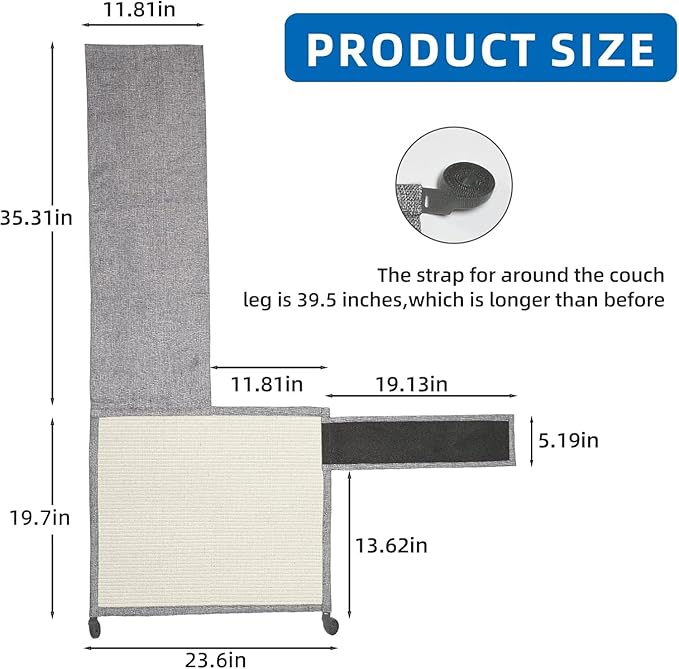 Cat Scratch Couch Protector with Natural Sisal for Protecting Couch Sofa Chair Furniture,Couch Protector from Cat Claws 23.6" L*19.7" W(Light Grey/Right Hand)