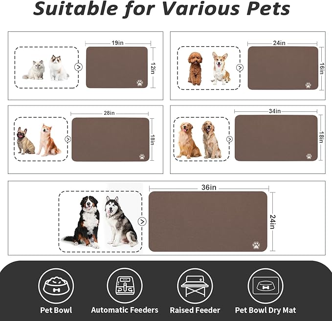 Dog Food Mat - Absorbent Cat Mat for Food and Water, No Stains Pet Feeding Bowl Mat, Easy to Clean Pet Placemats, Quick Dry Dog Water Dispenser Mat for Messy Drinkers | Paw Brown 16"x 24"