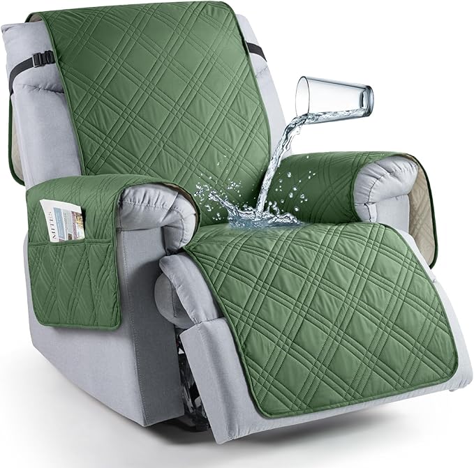TAOCOCO Waterproof Recliner Chair Covers 30 Inch Wide, Oversized Recliner Covers for Recliner Chair with Pocket, Recliner Slipcovers with Straps Furniture Protector for Kids Pets (30'', Vine Green)