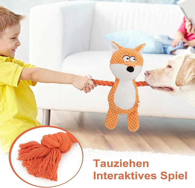 TONYFY Dog Toys, Dog Squeaker Toys with Crinkle Paper, Stuffed Animal Dog Plush Chewing Toy, Cotton Rope Interactive Toys for Puppy, Small, Middle Dogs (Orange Fox)