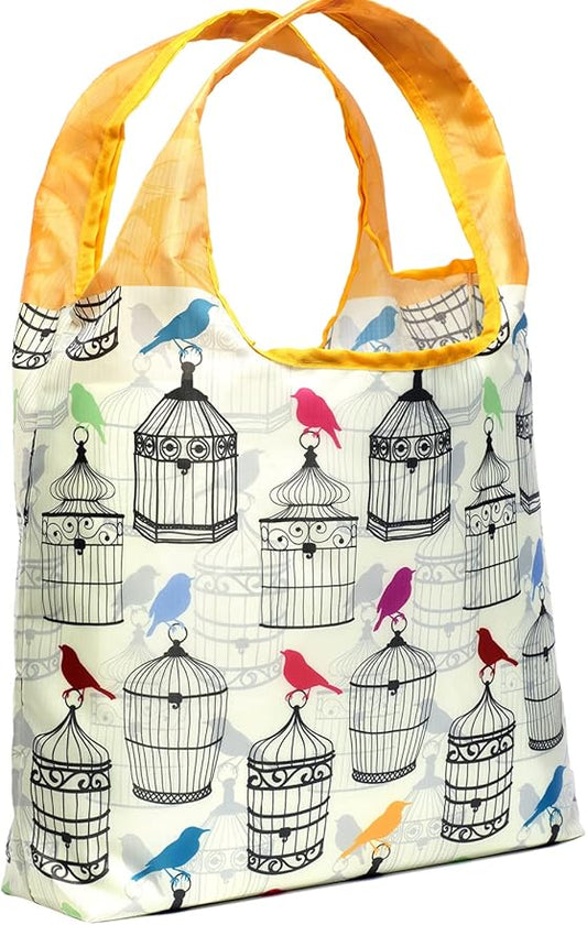 O-WITZ Reusable Grocery Bags | Vibrant Tote Bag For Groceries, Gym, Beach Gear, Toys & More | Washable Design With Large Handles For Maximum Convenience | Folds Into A Small Pouch, Canaries