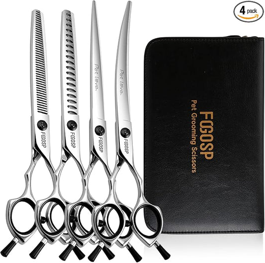 Dog Grooming Scissors Kit 7.5 in Professional Curved Thinning Straight Chunker Shears Grooming Big Dogs Poodle Pet Japan 440C Stainless Steel(7.5'',Kit)