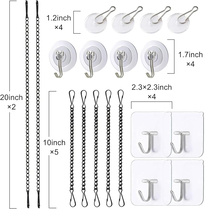 Stained Glass Window Hanging Chain Kit With Adhesive Hooks, Sunshine Catcher Metal Nickel Plating Panels, 7 Chains and 12 Hooks