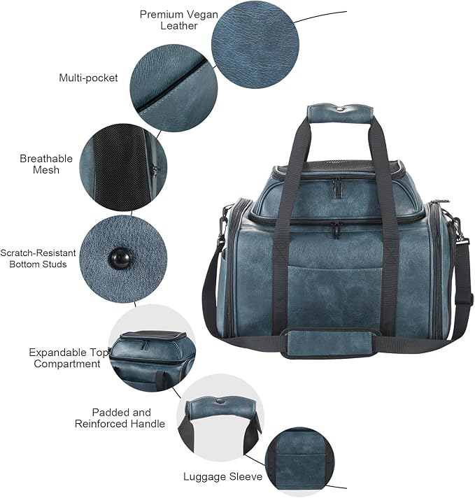 Bosnanller Premium Leather Top Expandable Pet Carrier for Small Dogs & Cats Under 15 lbs, Airline Approved Collapsible Soft-Sided Luxury Travel Bag Blue