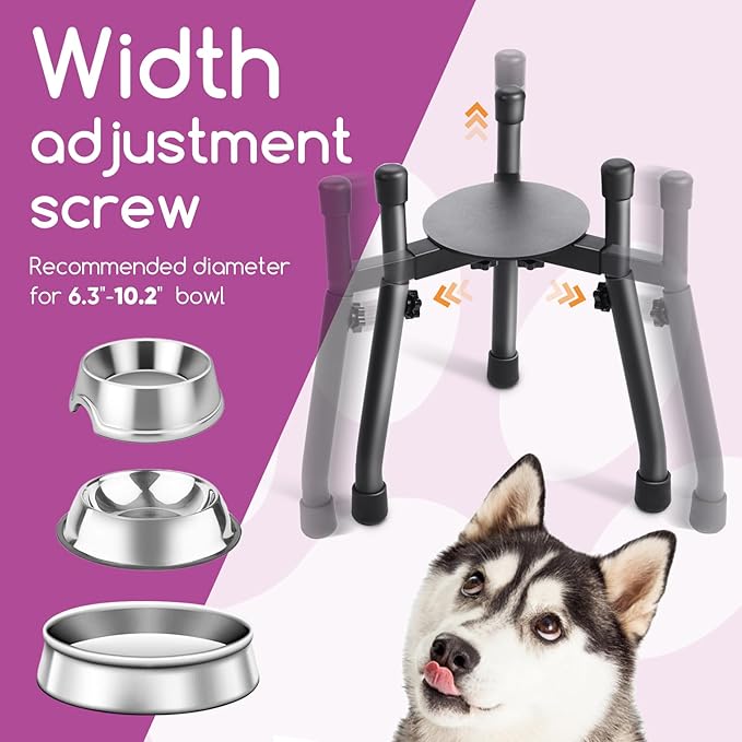 2-Pack Adjustable Elevated Dog Bowl Stands, Metal Raised Feeders for Medium & Large Dogs, 3 Heights (8.8", 10.8", 12.5"), Width 6.3"–10.2", Spill-Proof Mats, Non-Slip, Bowls Not Included