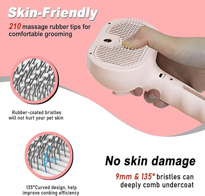 Dog Steam Brush 3 in 1 Cat Brush with Steam and Release Button Grooming Tool for Indoor Pets Dogs Hair Removal Shedding Water for Small Animals Long Short Haired - Pink