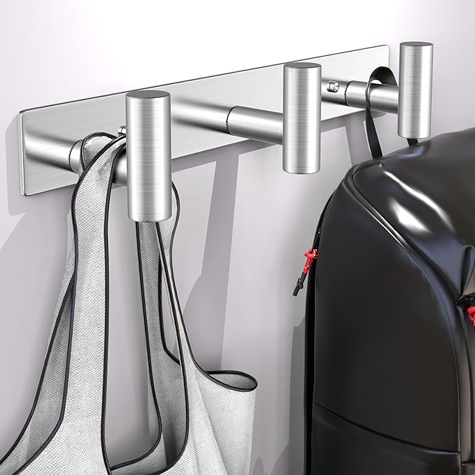 VINHOLD Wall Mounted Coat Rack-3 Hooks, Heavy Duty Stainless Steel Wall Hooks for Towel Coat Bag, Hat Rack Coat Hanger Coat Hooks Towel Racks for Bathroom Entryway Kitchen Office (Silver, 1 Pack)