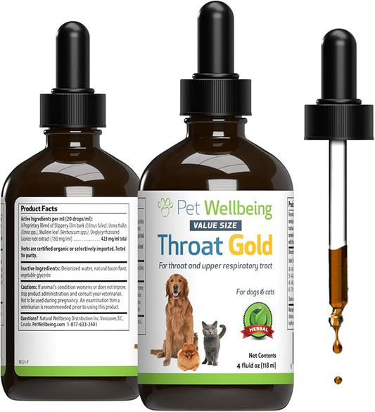 Pet Wellbeing Throat Gold for Dogs - Supports Throat Comfort, Upper Respiratory Health, Slippery Elm, Mullein, Occasional Throat Hoarseness - Veterinarian-Formulated Herbal Supplement 4 oz (118 ml)