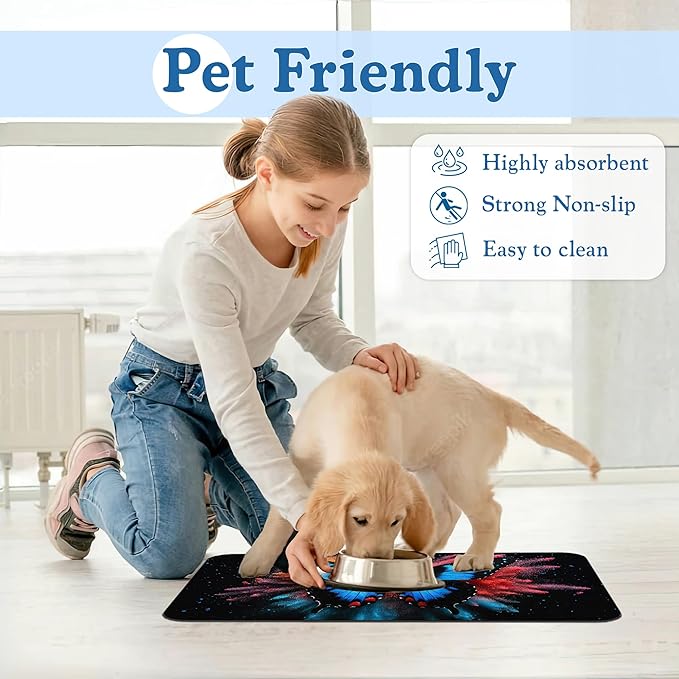 Blue Butterfly on Blooming Pet Feeding Mat– Quick Dry Absorbent Dog Cat Food Mat, Non Slip Waterproof Bowl Placemat for Messy Eaters, Pet Accessories for Floors 12"x20"