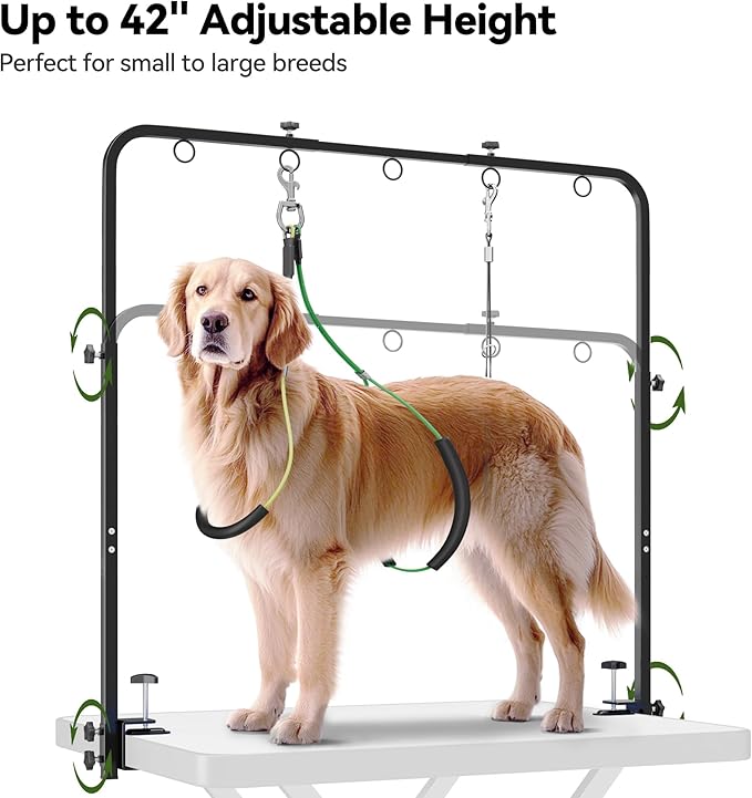Josmimic Adjustable Dog Grooming Arm for Table: 42'' Height, 27''–39'' Width, Clamp Fits Up to 2.76'', with Hammock & 2 Nooses – Portable Pet Grooming Station for Nail Trimming, Cats & Dogs at Home