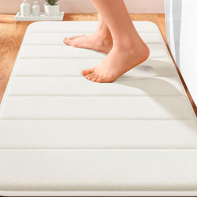 OLANLY Memory Foam Bath Mat 30x20, Super Soft Absorbent Bathroom Rugs, Quick Dry, Machine Washable Shower Floor Rugs, Bathmat Carpet, Bathroom Home Decor Accessories, Ivory