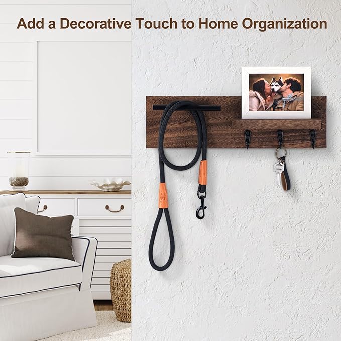 Lucundm Key Holder for Wall, Decorative Entryway Shelf with Hooks Holds Keys, Dog Leash, Sunglasses – Key Hanger with 3 Hooks Organizes, Enhances Home Decor (15” x 4.5” x 2.6”) (Brown)