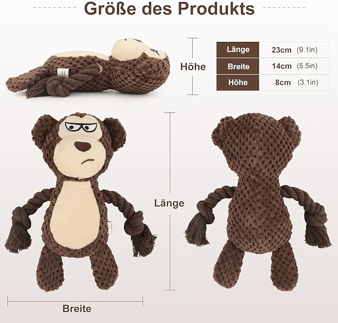TONYFY Dog Toys, Dog Squeaker Toys with Crinkle Paper, Stuffed Animal Dog Plush Chewing Toy, Cotton Rope Interactive Toys for Puppy, Small, Middle Dogs (Brown Monkey)