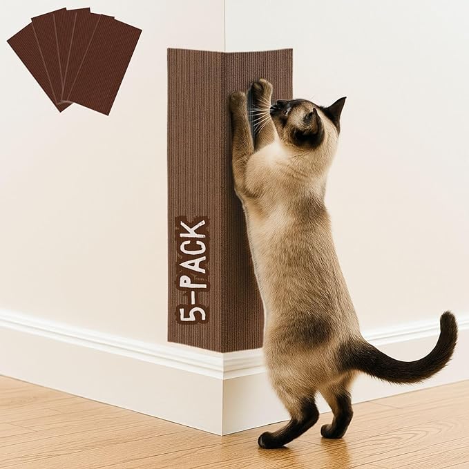 Cat Scratch Mat (5 Pack), 23.6’’ x 11.8’’ Cat Wall Corner Scratcher, Versatile Self-Adhesive Replacement Easy Use for Cat Trees Wall Furniture, Scratching Posts, and Couch Protection (Brown)