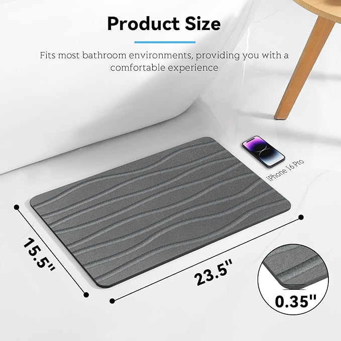 Bath Stone Mat, Fast-Absorbing, Quick-Dry, and Non-Slip Bathroom Mat, Inspired Diatomaceous Earth Bath Mat, Charcoal Gray-River