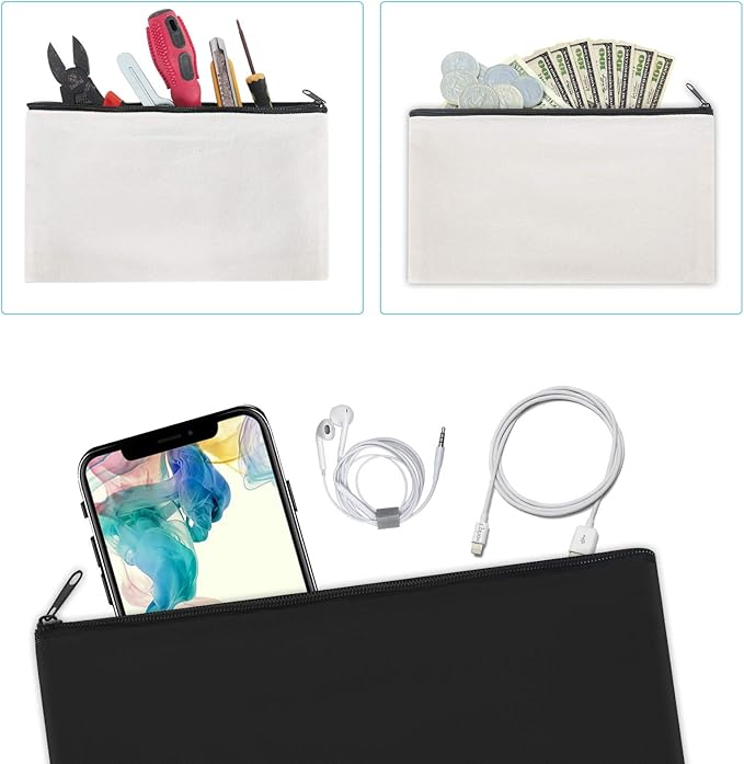 12 Pieces Cotton Canvas Makeup Bag, Multipurpose Cosmetic Bag with Zipper Travel Toiletry Pouch, Blank DIY Craft Bag (White, XL)